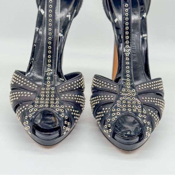 ALEXANDER McQUEEN Black Studded Leather Peep-Toe T-Bar Platform Heel Size: 8.5 - Picture 3 of 5